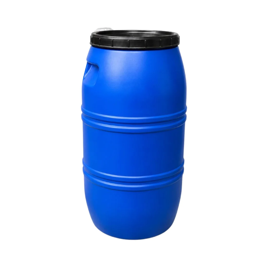 Bidón industrial HDPE azul con tapa negra y suncho, capacidad 100 a 240 litros.