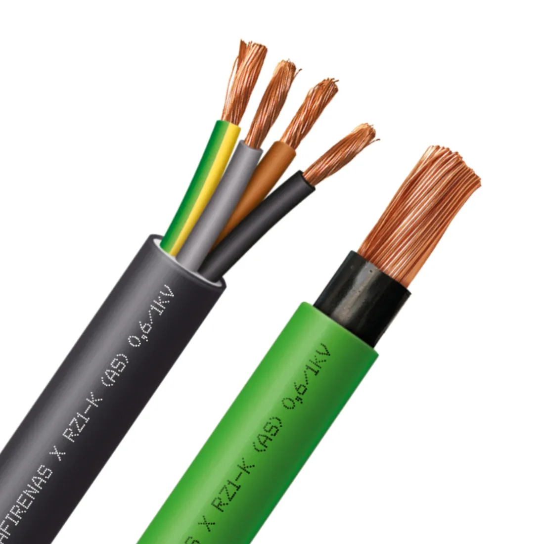 Cables RZ1-K 0.6/1 kV libres de halógenos: multiconductor negro y unipolar verde.