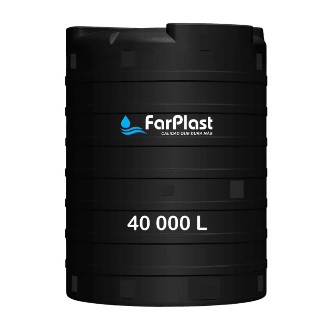 Tanque industrial para agua de polietileno negro con protección UV, capacidad 40,000 litros.